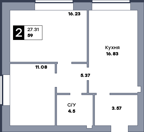 2 комнатная квартира, №15, этаж 3