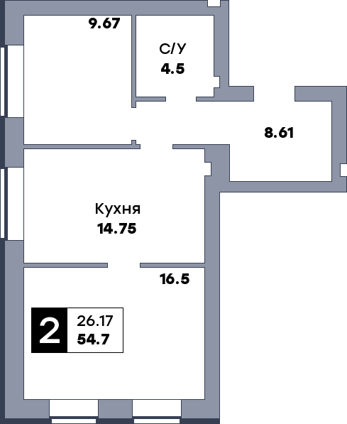 2 комнатная квартира, №44, этаж 6