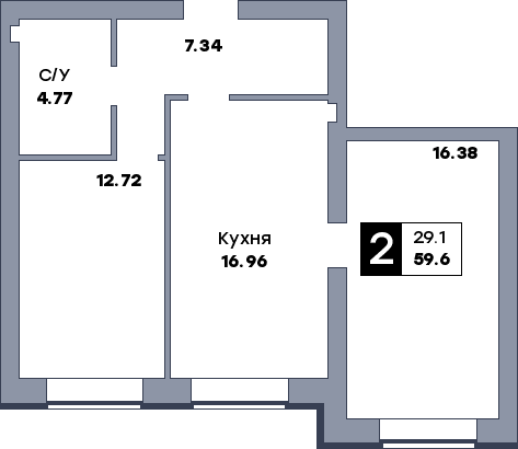 2 комнатная квартира, №95, этаж 1