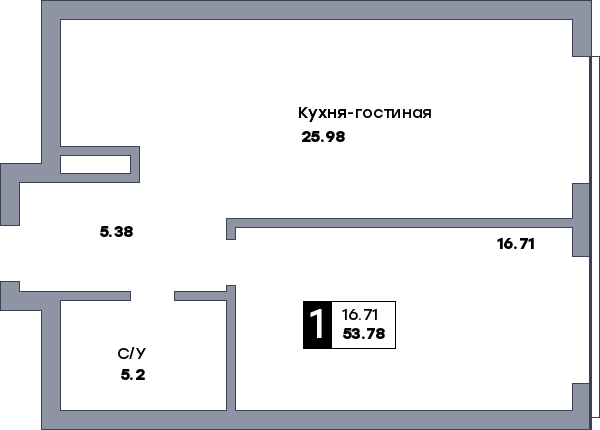 1 комнатная квартира, №345, этаж 5