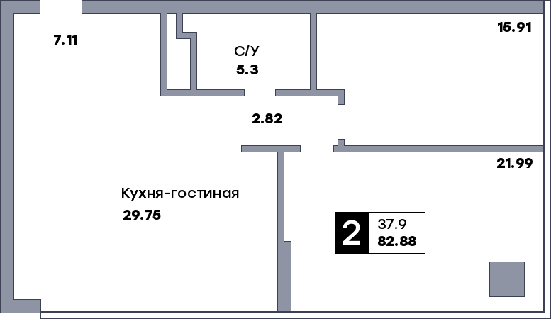 2 комнатная квартира, №372, этаж 7