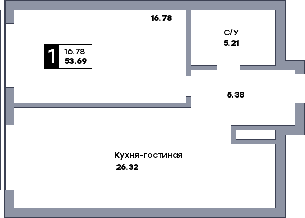 1 комнатная квартира, №412