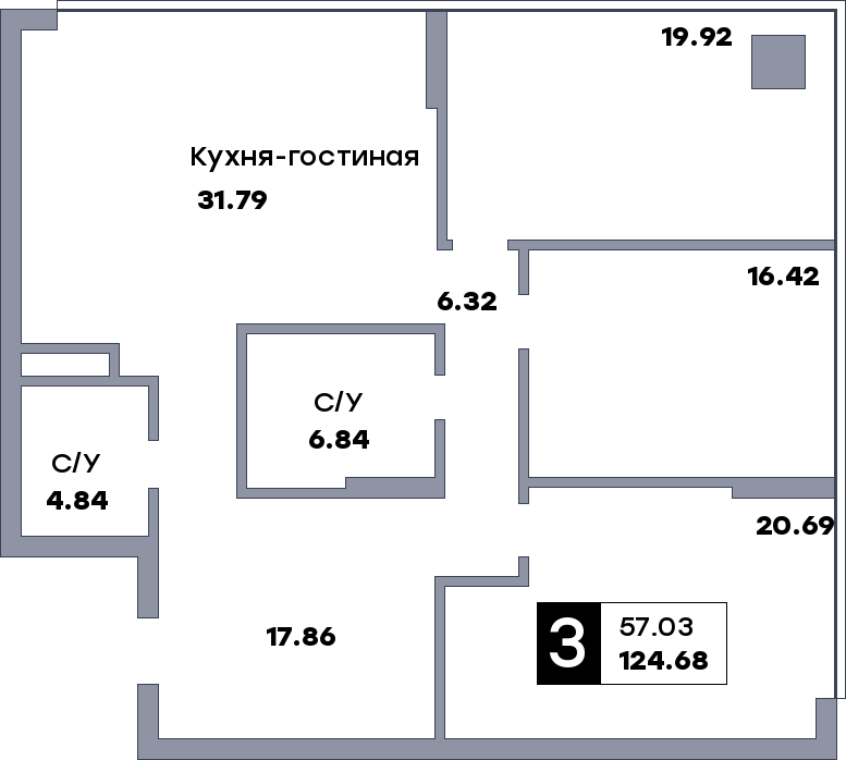 3 комнатная квартира, №416
