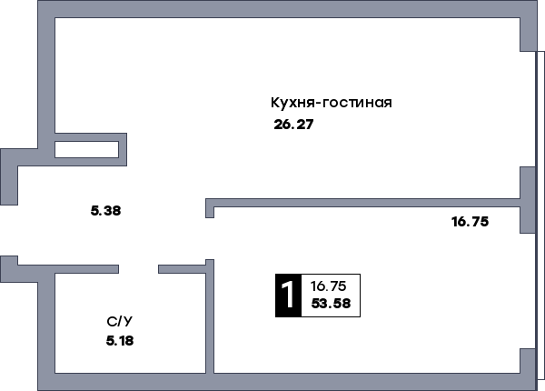 1 комнатная квартира, №441, этаж 13